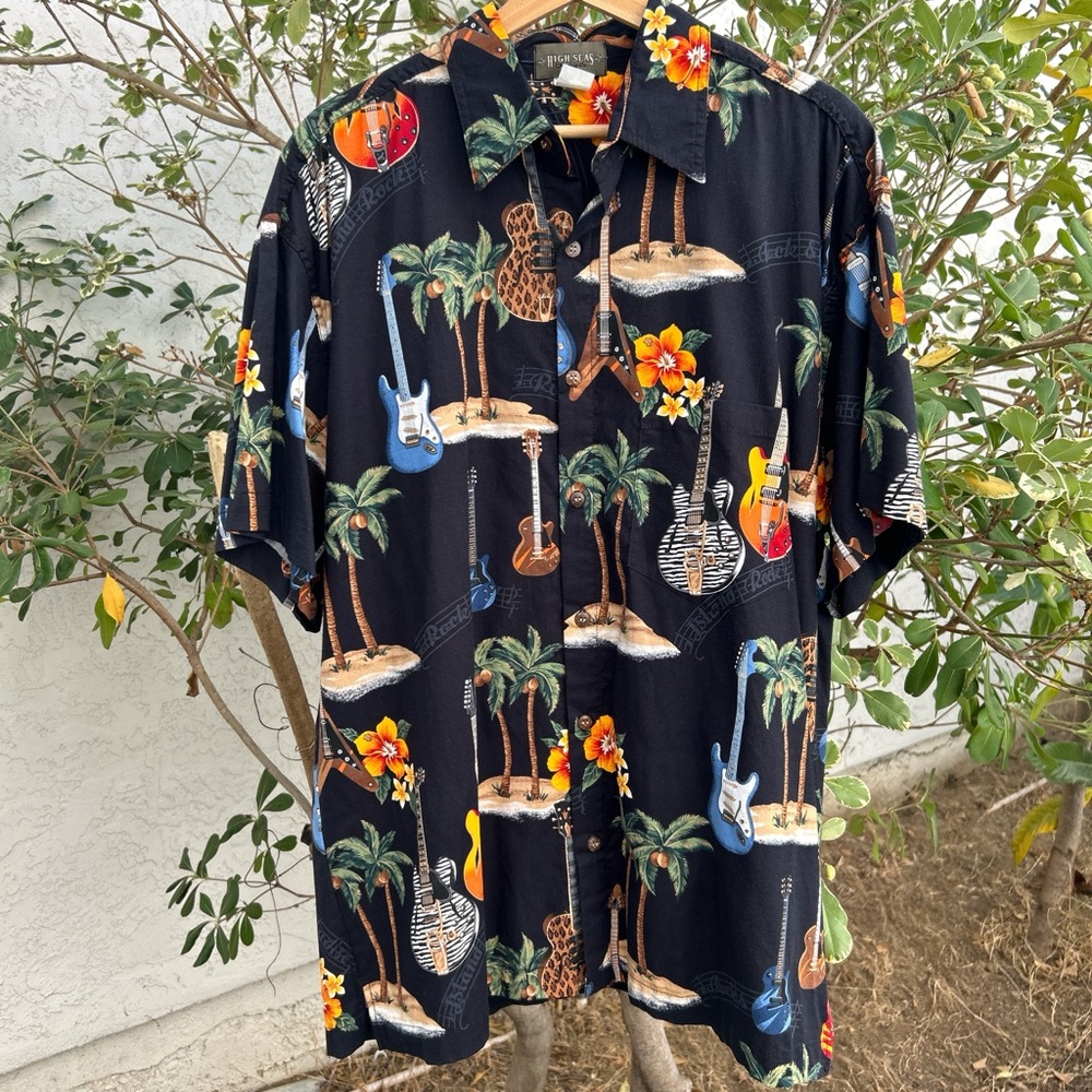 Vintage 90s High Seas Trading Co. Guitar Palm Trees Button Up Shirt Sz XL